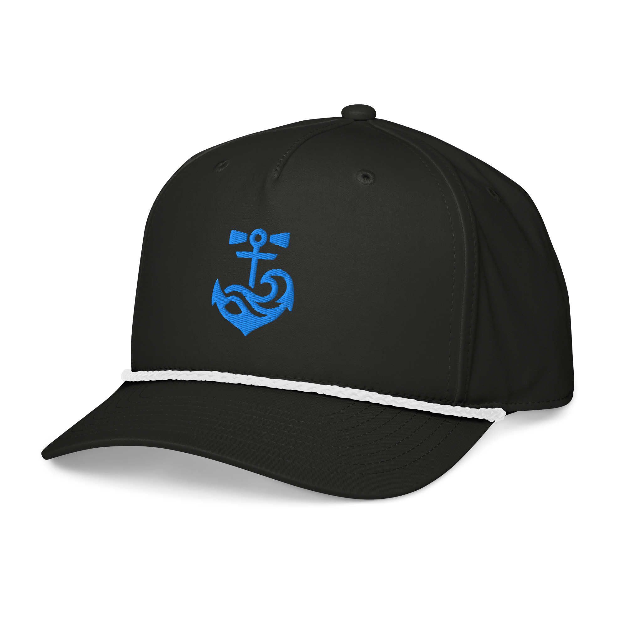 RI Coastal Classic Rope Cap — Black with blue anchor embroidery