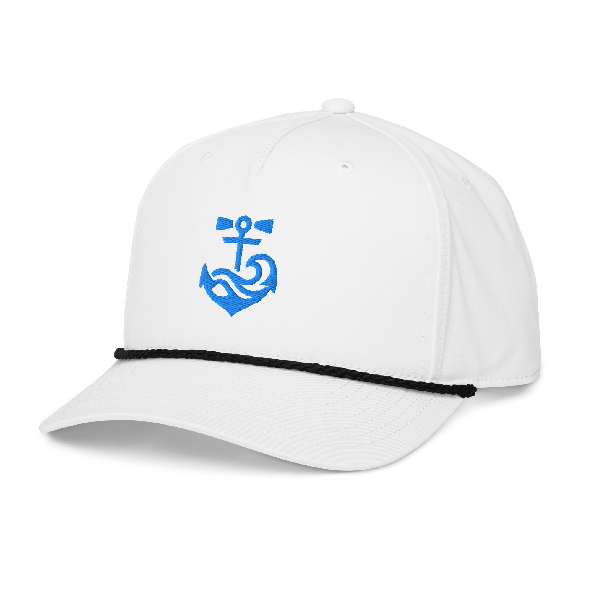 RI Coastal Classic Rope Cap — White with blue anchor embroidery